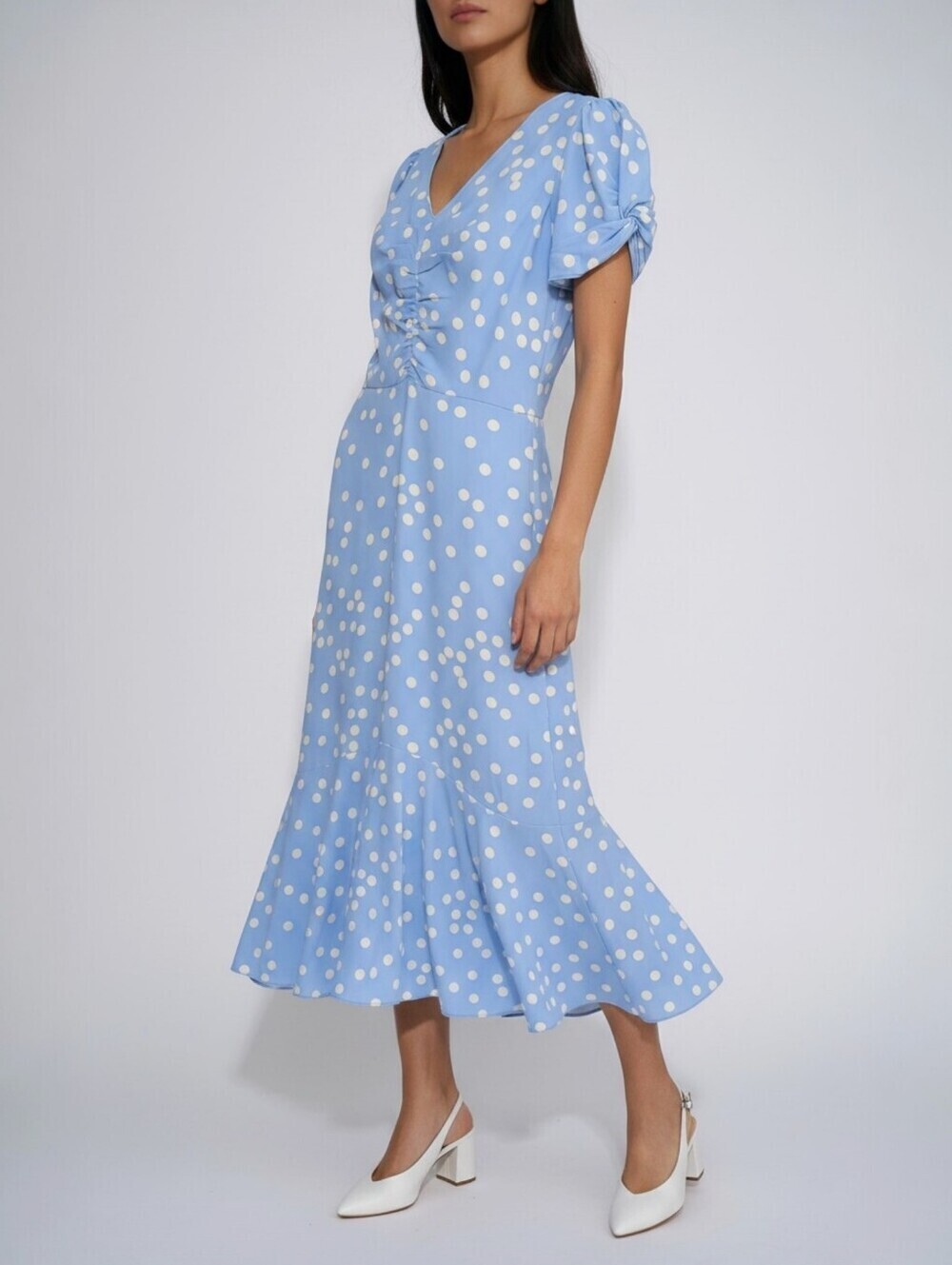 Halston Blue Polka Dot Midi Dress Ruched Puff Sleeve V Neck Size 2